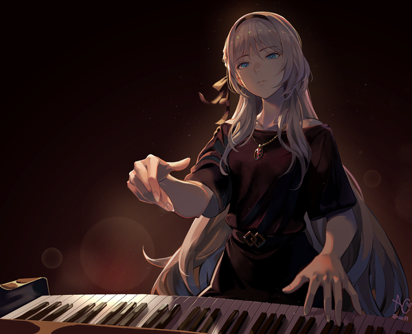 Anime picture 1477x1200 with girls frontline an-94 (girls frontline) niac single long hair fringe blue eyes simple background hair between eyes sitting signed silver hair off shoulder short sleeves twitter username lens flare looking down dark background playing instrument girl