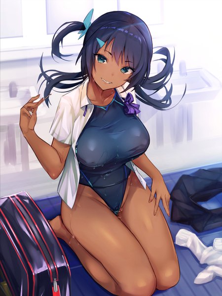 Anime picture 1050x1400 with original pecolondon single long hair tall image looking at viewer fringe breasts light erotic black hair smile large breasts sitting holding payot full body bent knee (knees) head tilt barefoot aqua eyes