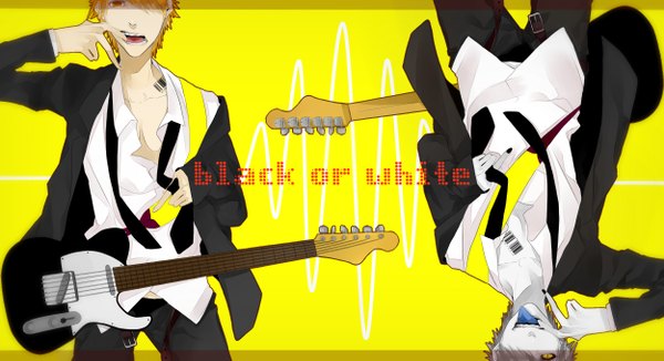 Anime picture 2500x1361 with bleach studio pierrot kurosaki ichigo highres short hair open mouth blonde hair wide image open clothes open shirt boy necktie guitar