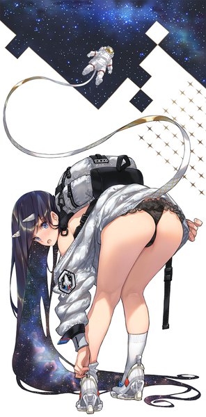 Anime picture 874x1772 with original saitom tall image looking at viewer blush fringe open mouth blue eyes light erotic black hair full body ass very long hair looking back horn (horns) from behind off shoulder embarrassed solo focus bent over