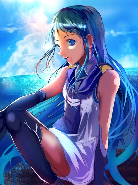 Anime picture 1200x1607 with kantai collection samidare destroyer hizagawa rau single long hair tall image looking at viewer fringe open mouth blue eyes bare shoulders blue hair sky cloud (clouds) bent knee (knees) sunlight happy girl thighhighs dress