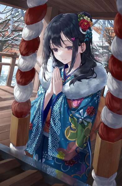 Anime picture 1200x1839 with original r o ha single long hair tall image blush fringe black hair standing brown eyes outdoors traditional clothes japanese clothes light smile wide sleeves hair bun (hair buns) looking down winter snow hands clasped