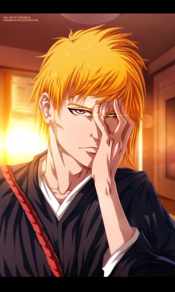 Anime picture 693x1153 with bleach studio pierrot kurosaki ichigo tremblax single tall image short hair yellow eyes traditional clothes japanese clothes pink eyes sunlight orange hair heterochromia coloring evening sunset letterboxed hand on face boy