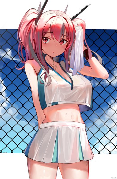 Anime picture 1309x2000 with azur lane bremerton (azur lane) bremerton (scorching-hot training) (azur lane) aroa (aroamoyasi) single long hair tall image fringe light erotic hair between eyes standing twintails looking away pink hair sky cleavage cloud (clouds) pink eyes multicolored hair midriff