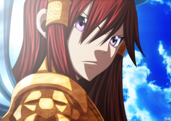 Anime picture 1400x992 with fairy tail erza scarlet futuretabs single long hair sky cloud (clouds) red hair pink eyes sunlight coloring close-up face girl armor