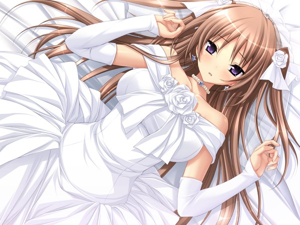 Anime picture 1024x768 with mirai nostalgia purple software anna (mirai nostalgia) koku long hair brown hair purple eyes game cg girl dress wedding dress