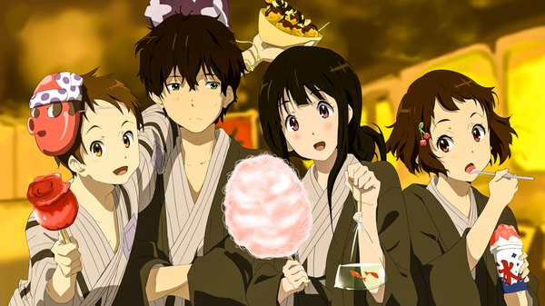 Anime picture 1920x1080 with hyouka kyoto animation chitanda eru oreki houtarou ibara mayaka fukube satoshi takahashi mariko kleon long hair looking at viewer blush fringe highres short hair open mouth black hair smile hair between eyes brown hair wide image