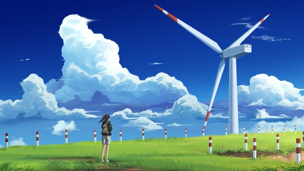 Anime picture 1920x1080 with original gan-viking single long hair highres black hair wide image standing sky cloud (clouds) full body outdoors ponytail wind girl plant (plants) shorts hood bag grass