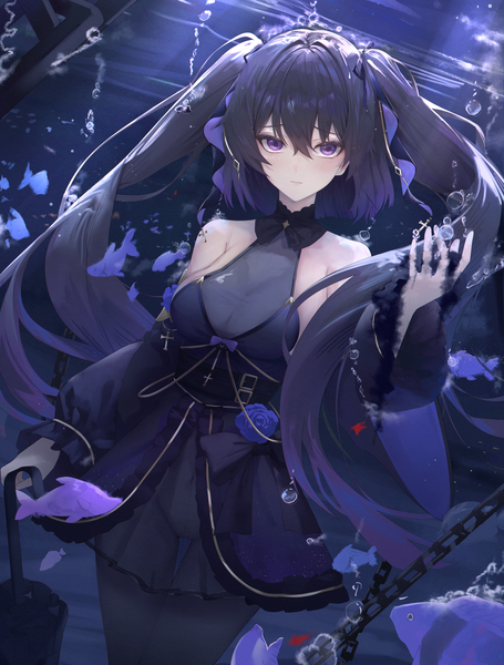 Anime picture 2736x3610 with original nootak single long hair tall image looking at viewer blush fringe highres breasts light erotic black hair hair between eyes large breasts purple eyes twintails bare shoulders payot wide sleeves thigh gap