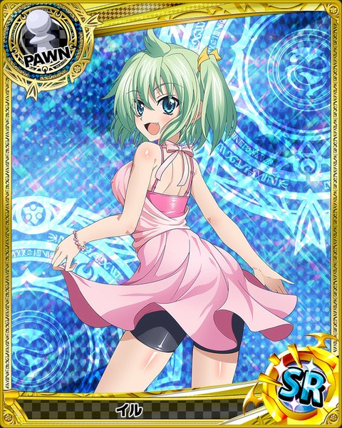 Anime picture 640x800 with highschool dxd tagme (character) single tall image blush short hair open mouth blue eyes smile :d looking back green hair card (medium) girl dress bow hair bow