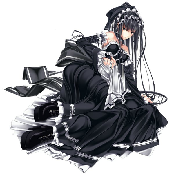 Anime picture 1000x1000 with original doa (wabisabi) single long hair tall image highres black hair bare shoulders absurdres black eyes arm support high heels reclining girl dress detached sleeves boots frills headband