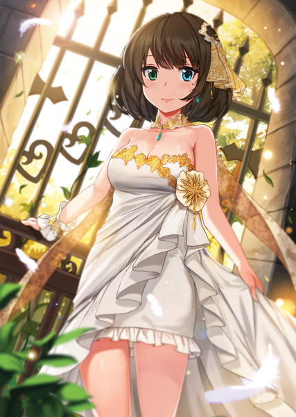 Anime picture 1000x1406 with idolmaster idolmaster cinderella girls takagaki kaede nuclear warhead (anti) single tall image looking at viewer blush short hair black hair bare shoulders heterochromia goddess of mystery girl dress feather (feathers)