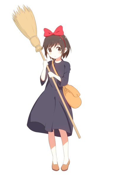 Anime picture 1065x1521 with kiki's delivery service studio ghibli kiki nekoze (chatte secca) single tall image fringe short hair black hair simple background white background looking away full body black eyes witch girl dress bow hair bow black dress