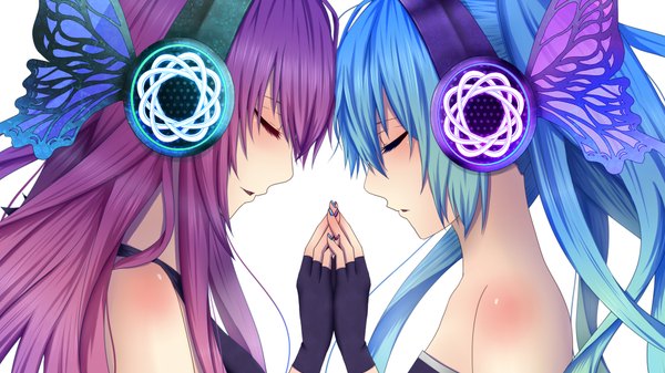 Anime picture 1920x1080 with vocaloid hatsune miku megurine luka my (artist) long hair highres simple background wide image white background bare shoulders multiple girls purple hair eyes closed aqua hair face to face insect wings butterfly wings girl gloves 2 girls