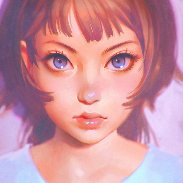 Anime picture 900x900 with original ilya kuvshinov single looking at viewer fringe short hair blue eyes simple background brown hair lips close-up eyebrows pink background face girl