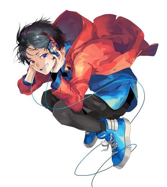 Anime picture 882x983 with original kyouichi single tall image looking at viewer short hair blue eyes black hair simple background smile red eyes white background full body bent knee (knees) open jacket heterochromia grin jumping hand on headphones boy