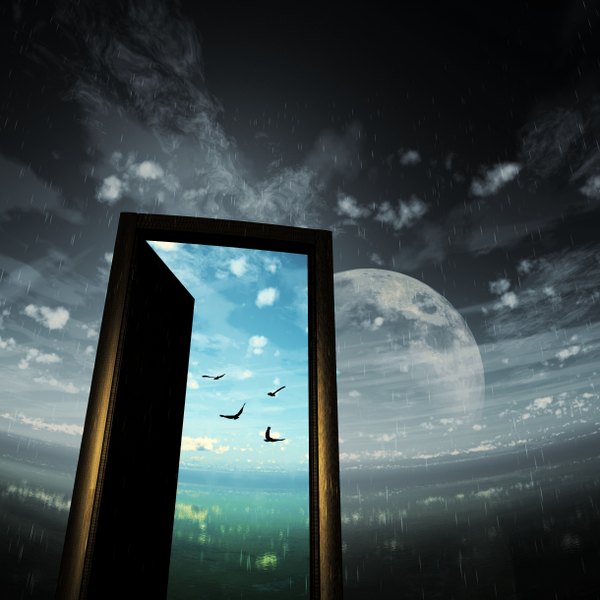 Anime picture 2440x2440 with original y-k highres sky cloud (clouds) light dark background rain flying no people landscape scenic animal water bird (birds) planet door