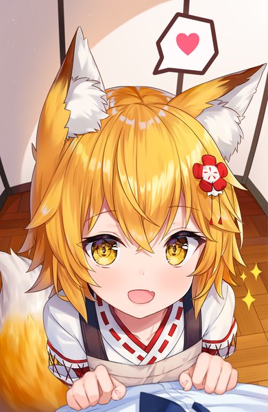 Anime picture 647x991 with sewayaki kitsune no senko-san doga kobo senko (sewayaki kitsune no senko-san) hitsukuya tall image looking at viewer blush fringe short hair open mouth blonde hair hair between eyes animal ears yellow eyes indoors tail traditional clothes japanese clothes animal tail from above
