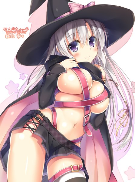 Anime picture 2990x4024 with sanoba witch yuzusoft ayaji nene nozomi tsubame single long hair tall image looking at viewer blush highres breasts light erotic smile large breasts purple eyes white hair girl skirt navel hat