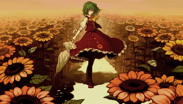 Anime picture 1200x686 with touhou kazami yuuka iwamoto zerogo short hair smile red eyes wide image standing green hair closed umbrella field girl skirt flower (flowers) pantyhose necktie shoes umbrella skirt set red skirt