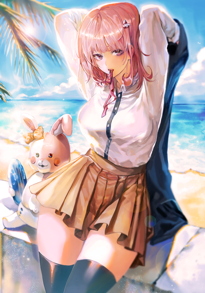 Anime picture 2500x3559 with dangan ronpa super dangan ronpa 2 nanami chiaki monomi mucuzi single tall image looking at viewer blush fringe highres short hair breasts holding pink hair sky cloud (clouds) outdoors blunt bangs pleated skirt