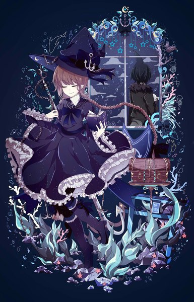 Anime picture 1848x2878 with wadanohara and the great blue sea wadanohara samekichi azure-aoi- long hair tall image fringe highres short hair black hair smile brown hair holding full body tail blunt bangs braid (braids) eyes closed long sleeves pointy ears