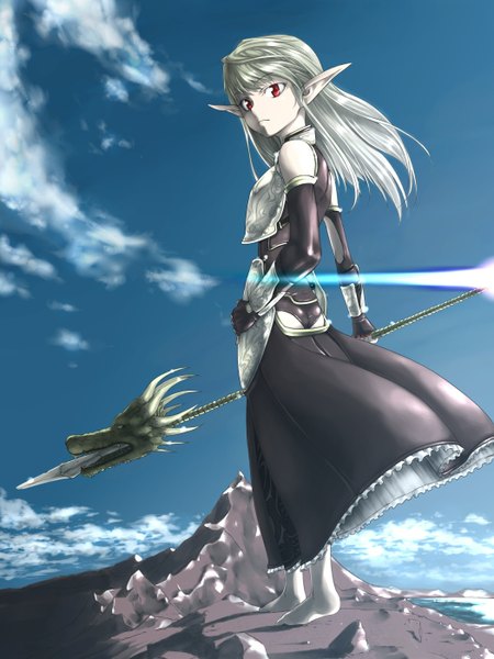 Anime picture 1050x1400 with original ttomm (artist) single tall image red eyes sky silver hair pointy ears no shoes lens flare mountain elf girl dress black dress dragon spear