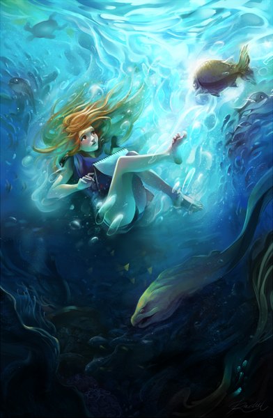 Anime picture 1000x1529 with original speakyst long hair tall image brown hair brown eyes signed barefoot legs underwater girl shorts short shorts bubble (bubbles) t-shirt fish (fishes) coral algae turtle