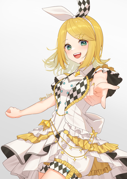 Anime picture 2000x2829 with project sekai vocaloid kagamine rin more more jump! rin rea liser single tall image looking at viewer highres short hair open mouth simple background blonde hair green eyes signed :d grey background teeth twitter username outstretched hand