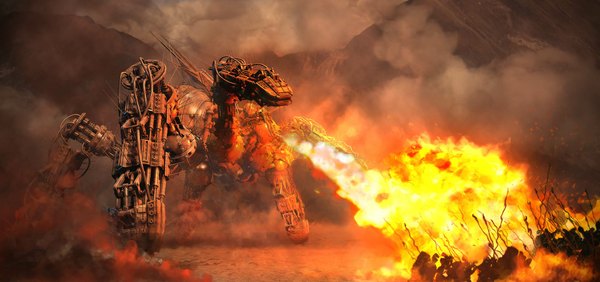 Anime picture 1913x900 with arsenixc highres wide image battle mechanical 3d fire mecha