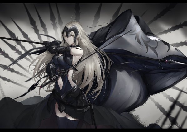 Anime picture 2434x1721 with fate (series) fate/grand order jeanne d'arc (fate) (all) jeanne d'arc alter (fate) jeanne d'arc alter (avenger) (third ascension) (fate) marumoru single long hair looking at viewer fringe highres breasts standing holding signed yellow eyes cleavage silver hair ahoge blurry