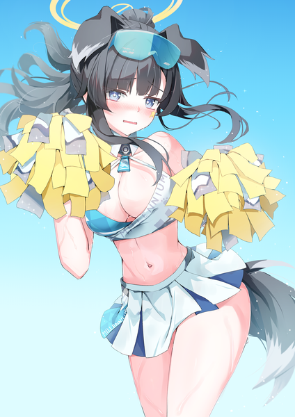 Anime picture 2894x4093 with blue archive hibiki (blue archive) hibiki (cheerleader) (blue archive) tika tika4101 single long hair tall image highres breasts blue eyes light erotic black hair simple background large breasts animal ears ponytail tail animal tail midriff sweat