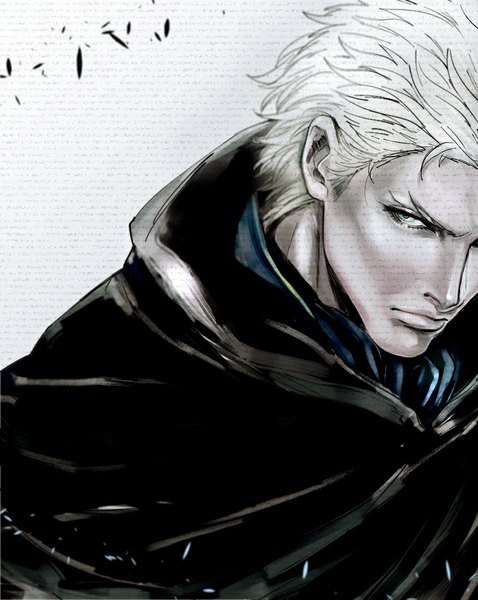 Anime picture 876x1100 with devil may cry vergil tagme (artist) single tall image short hair blue eyes looking away lips boy hood cape