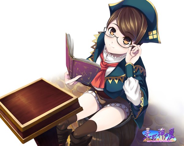 Anime picture 2297x1817 with monster hunter receptionist (monster hunter) hozumi kaoru single looking at viewer highres short hair brown hair brown eyes light smile girl thighhighs glasses shoes shorts headdress book (books)