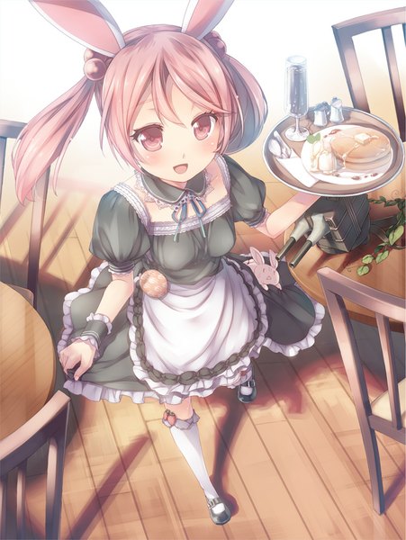 Anime picture 751x1000 with kantai collection sazanami destroyer saninchi single long hair tall image looking at viewer blush open mouth twintails animal ears pink hair pink eyes bunny ears girl thighhighs dress hair ornament white thighhighs food