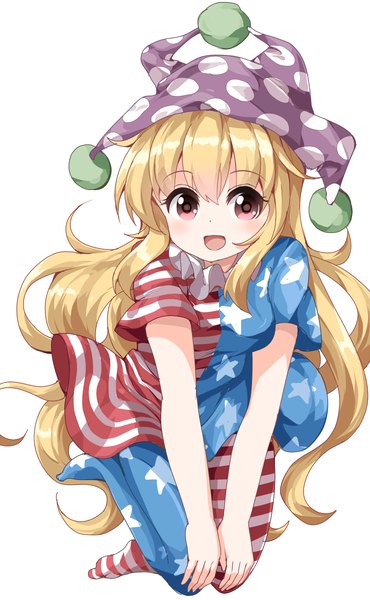 Anime picture 740x1200 with touhou clownpiece ruu (tksymkw) single long hair tall image looking at viewer blush fringe open mouth simple background blonde hair smile hair between eyes white background full body bent knee (knees) :d pink eyes short sleeves