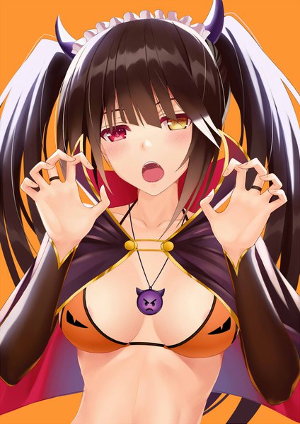 Anime picture 1240x1753 with date a live tokisaki kurumi z1npool single long hair tall image looking at viewer blush fringe breasts open mouth light erotic black hair simple background hair between eyes red eyes twintails yellow eyes payot cleavage