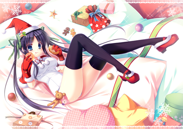 Anime picture 1800x1273 with original futaori arisa long hair highres blue eyes light erotic twintails purple hair bent knee (knees) lying sparkle fur trim eating girl thighhighs gloves hair ornament ribbon (ribbons) black thighhighs swimsuit