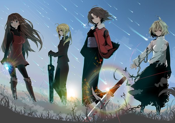 Anime picture 1920x1357 with fate (series) fate/zero shingetsutan tsukihime kara no kyoukai mahou tsukai no yoru type-moon artoria pendragon (all) saber ryougi shiki arcueid brunestud aozaki aoko yumeko (tokiti) long hair highres short hair black hair blonde hair red eyes multiple girls green eyes