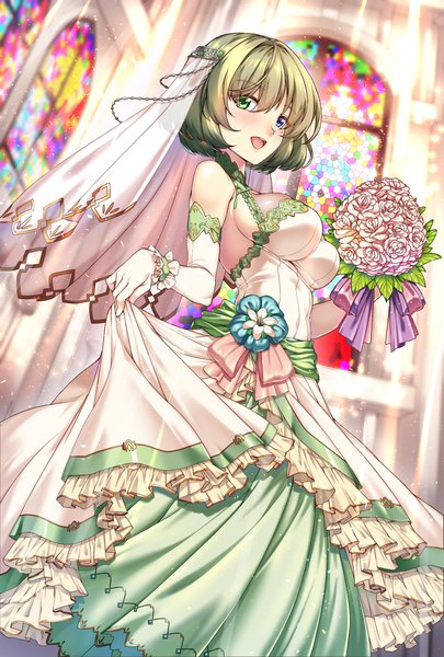 Anime picture 1477x2185 with idolmaster idolmaster cinderella girls takagaki kaede merufena single tall image looking at viewer blush fringe short hair breasts open mouth blue eyes smile hair between eyes standing holding green eyes indoors :d