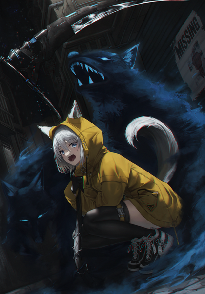 Anime picture 2640x3768 with original flippy (cripine111) single tall image looking at viewer fringe highres short hair open mouth blue eyes hair between eyes holding animal ears full body white hair tail animal tail fang (fangs) squat anaglyph