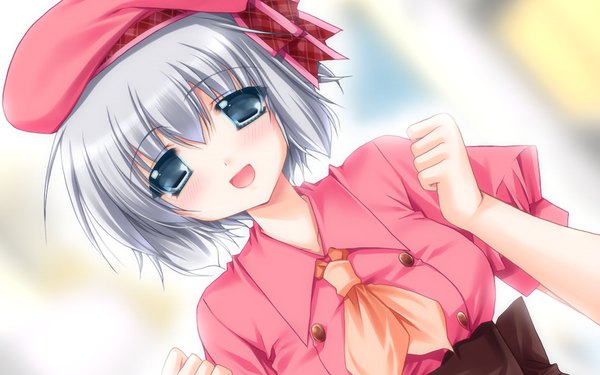 イラスト 1024x640 と hatsukoi yohou (game) 短い髪 開いた口 青い目 wide image game cg grey hair 女の子