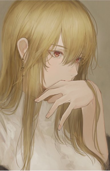 Anime picture 1316x2048 with original marumoru single long hair tall image fringe blonde hair hair between eyes red eyes looking away upper body arm up hand to mouth girl earrings turtleneck