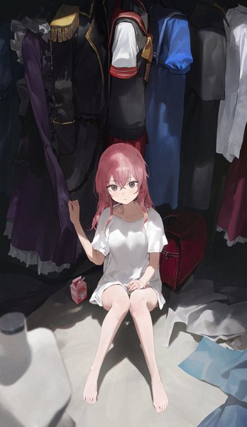 Anime picture 2976x5133 with sono bisque doll wa koi wo suru cloverworks inui sajuna modare single long hair tall image looking at viewer fringe highres hair between eyes sitting brown eyes pink hair full body bent knee (knees) indoors barefoot from above girl