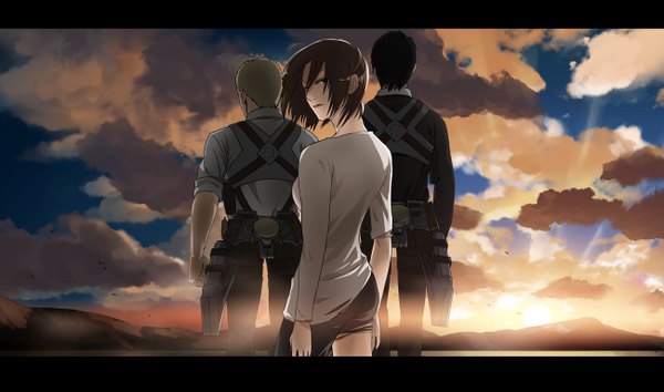 Anime picture 1300x769 with shingeki no kyojin production i.g bertolt hoover ymir (shingeki no kyojin) reiner braun chica (moonflash09) looking at viewer short hair black hair blonde hair brown hair wide image sky cloud (clouds) looking back wind from behind black eyes torn clothes evening