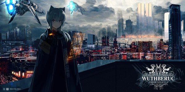 Anime picture 1800x900 with original inabi single long hair looking at viewer fringe highres smile hair between eyes wide image standing brown eyes signed animal ears payot sky cloud (clouds) outdoors grey hair sunlight