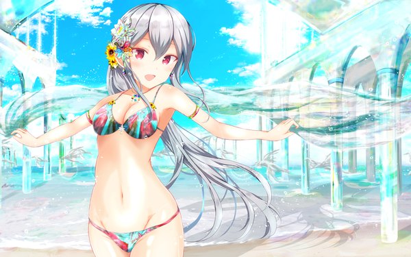 Anime picture 1920x1200 with girlfriend (kari) shigeto akiho masa (mirage77) single long hair looking at viewer blush fringe highres breasts open mouth light erotic hair between eyes standing bare shoulders holding payot sky silver hair cloud (clouds)