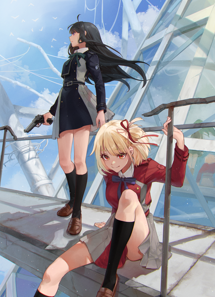 Anime picture 1466x2025 with lycoris recoil nishikigi chisato inoue takina bossan 3310 long hair tall image short hair black hair blonde hair red eyes standing sitting multiple girls looking away sky cloud (clouds) full body outdoors profile reflection