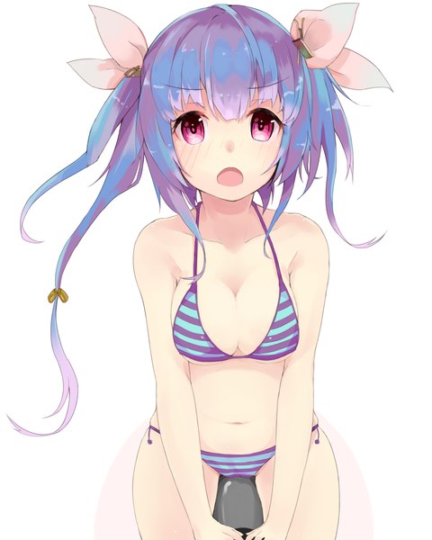 Anime picture 1600x2000 with kantai collection i-19 submarine kou mashiro single tall image looking at viewer blush breasts open mouth light erotic simple background white background sitting twintails purple hair pink eyes bare belly girl navel ribbon (ribbons)