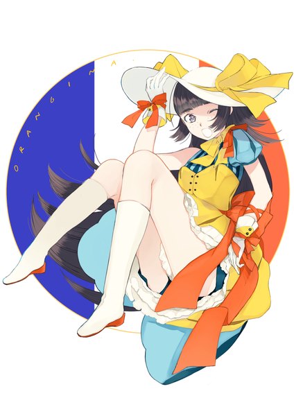 Anime picture 1653x2339 with original orangina maejima single long hair tall image open mouth black hair white background purple eyes one eye closed wink freckles france girl gloves ribbon (ribbons) hat boots